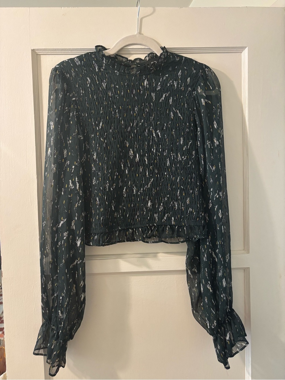 DO+BE Dark Green Smocked Ruffle Neck Sheer Blouse